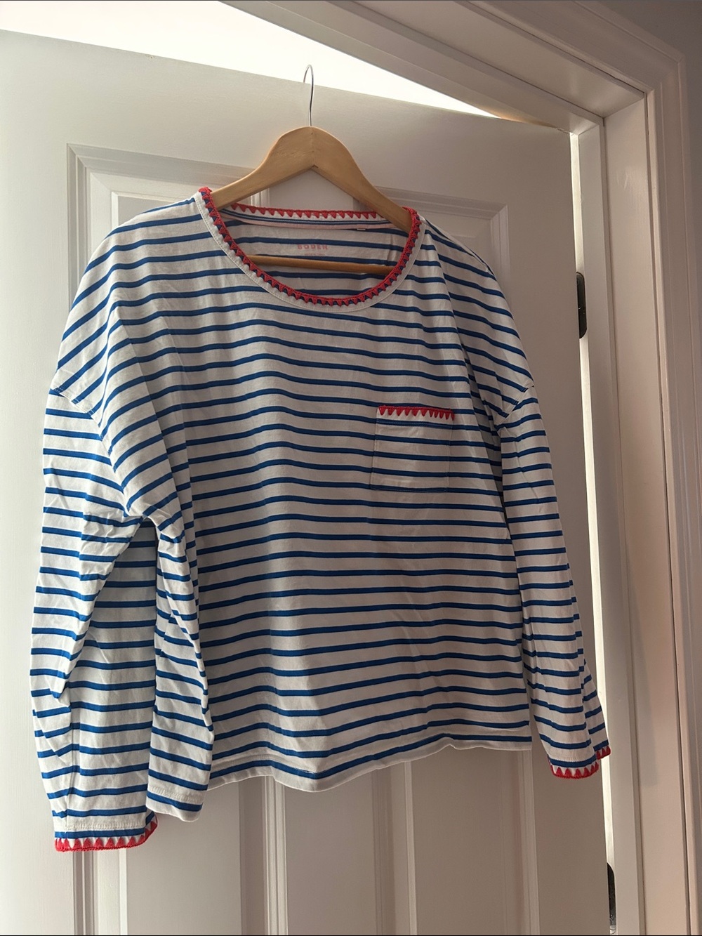 Women’s Blue & White Striped Long-Sleeve Tee with Coral Trim